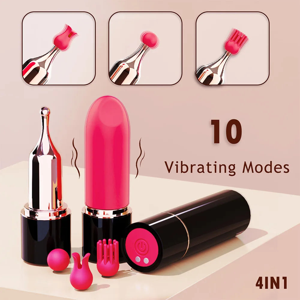 Annaluka™ - 4-in-1 Mini Lipstick Vibrator – Rechargeable Bullet Vibrator with Interchangeable Massage Heads