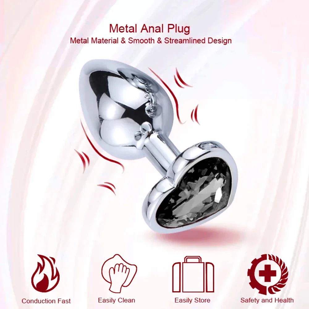 Annaluka™ - Stainless Steel Heart Gem Anal Plug Set – 3 Size Metal Butt Plugs for Temperature Play