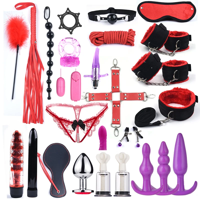 Annaluka™ - 24PCS BDSM Bondage Kit – Complete Roleplay Set with Restraints, Blindfold, Gag, Plug, Vibrator & Accessories
