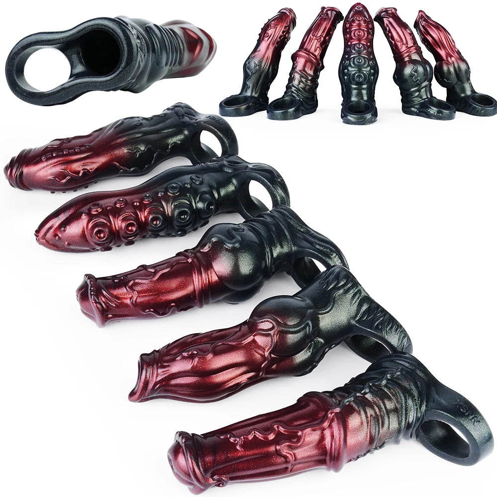 Annaluka™ - 4 Style Textured Silicone Penis Sleeve Extender – Hollow Wearable Dildo Sleeve for Added Length & Enhanced Stimulation